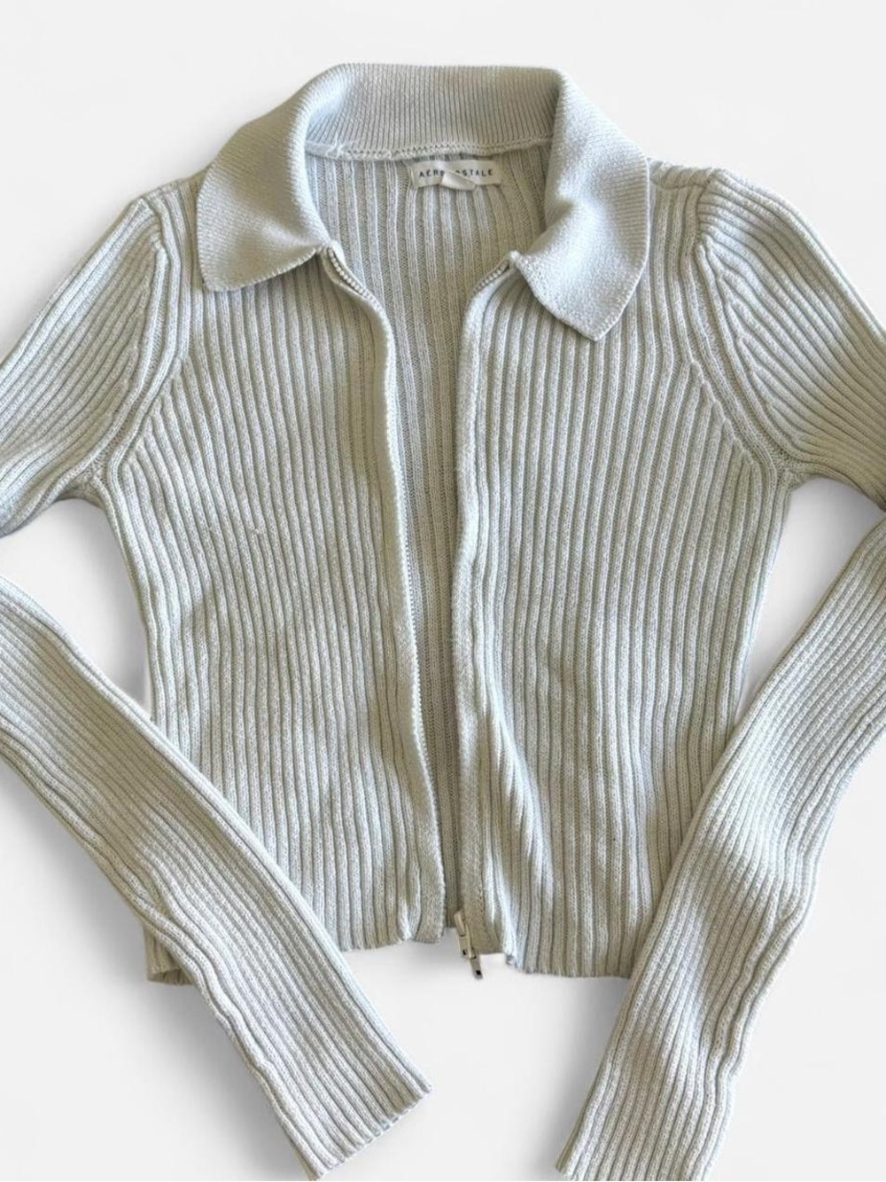 Aeropostale white cropped zip ribbed knit polo cardigan S - y2k preppy